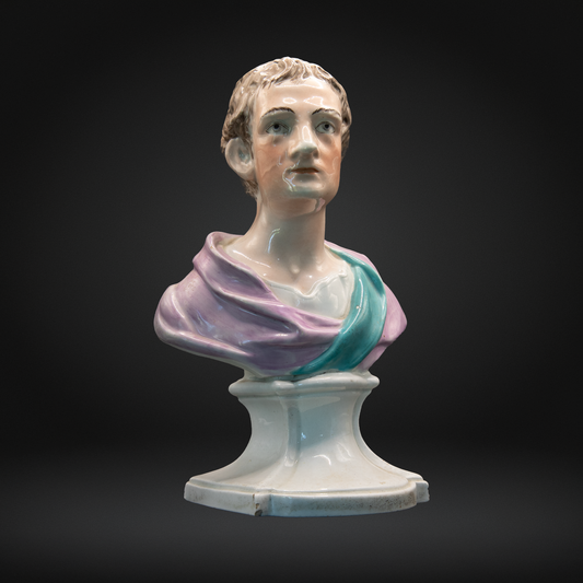 Staffordshire Pearlware Bust of Sir Isaac Newton c1790-1800 depicting the scientist with delicate pastel colors on antique ceramics, showcasing 18th-century English pottery craftsmanship.