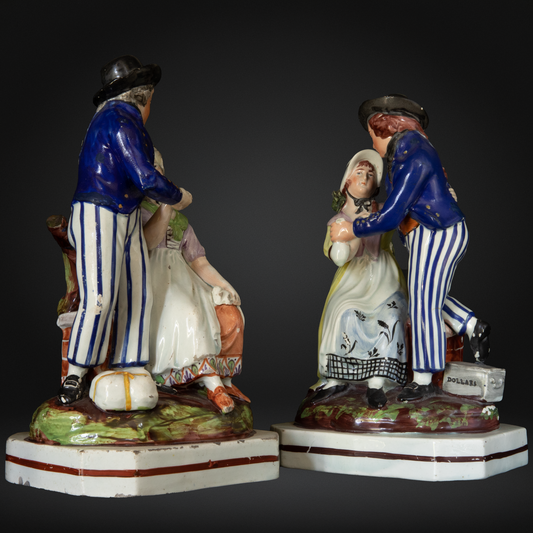 PAIR of Staffordshire Pottery Pearlware Figures - Sailor's Farewell & Return - Early 19th Century depicting two scenes with hand-painted detail, blue and white striped attire, and expressive poses.