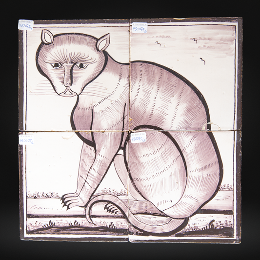 Pair of Antique Dutch Delft Manganese Cat & Dog Tile Mural Panels