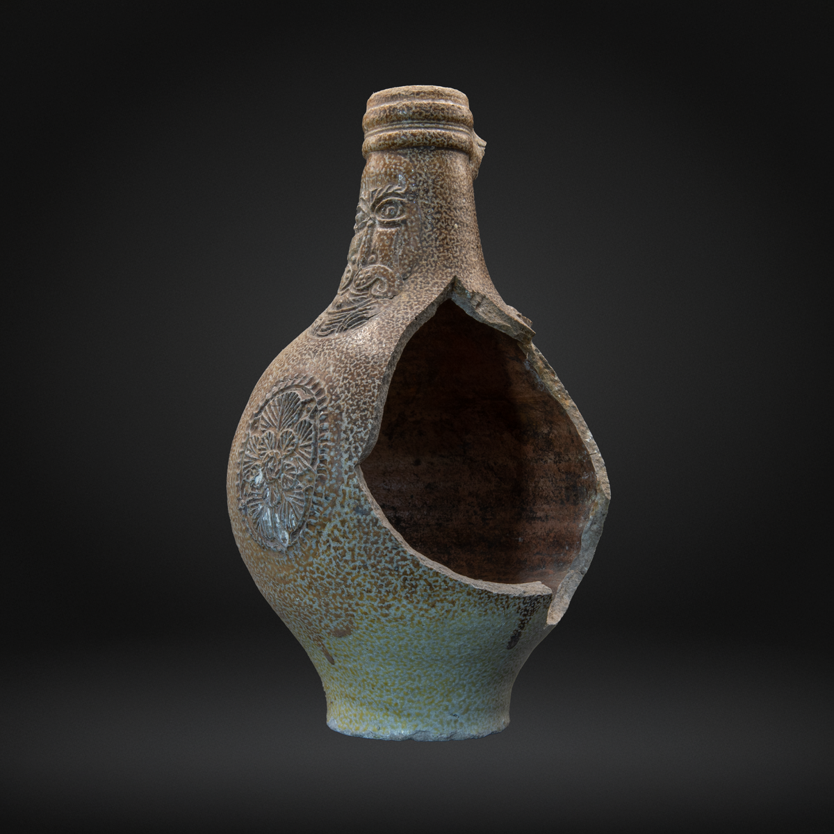 16th or 17th Century Cobalt Splashed Bellarmine Bottle - UK Found Witch Bottle - Frechen