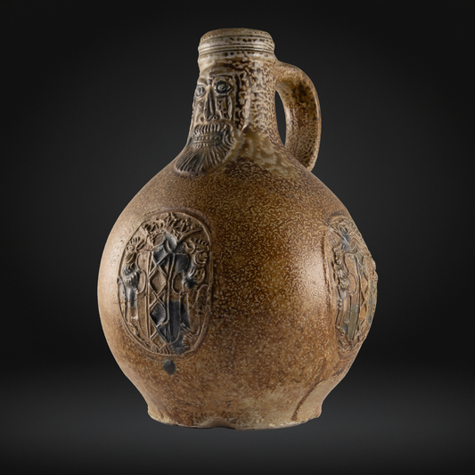 Cobalt Splashed Bellarmine Bottle, 3 Medallion, Amsterdam Coat of Arms 16th / 17th Century, antique ceramic stoneware jug with bearded face and detailed embossed medallions.