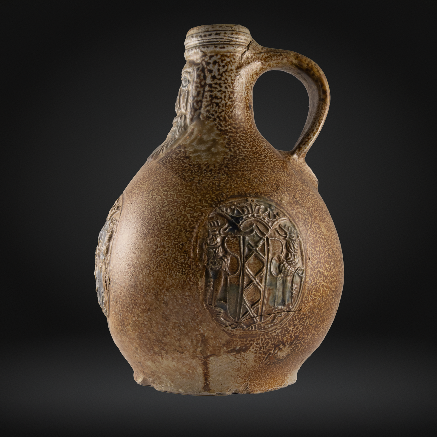 Cobalt Splashed Bellarmine Bottle, 3 Medallion, Amsterdam Coat of Arms 16th / 17th Century