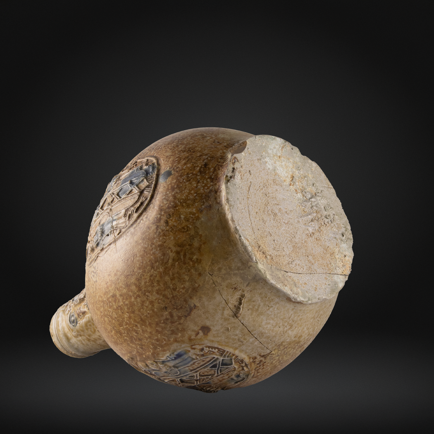 Cobalt Splashed Bellarmine Bottle, 3 Medallion, Amsterdam Coat of Arms 16th / 17th Century