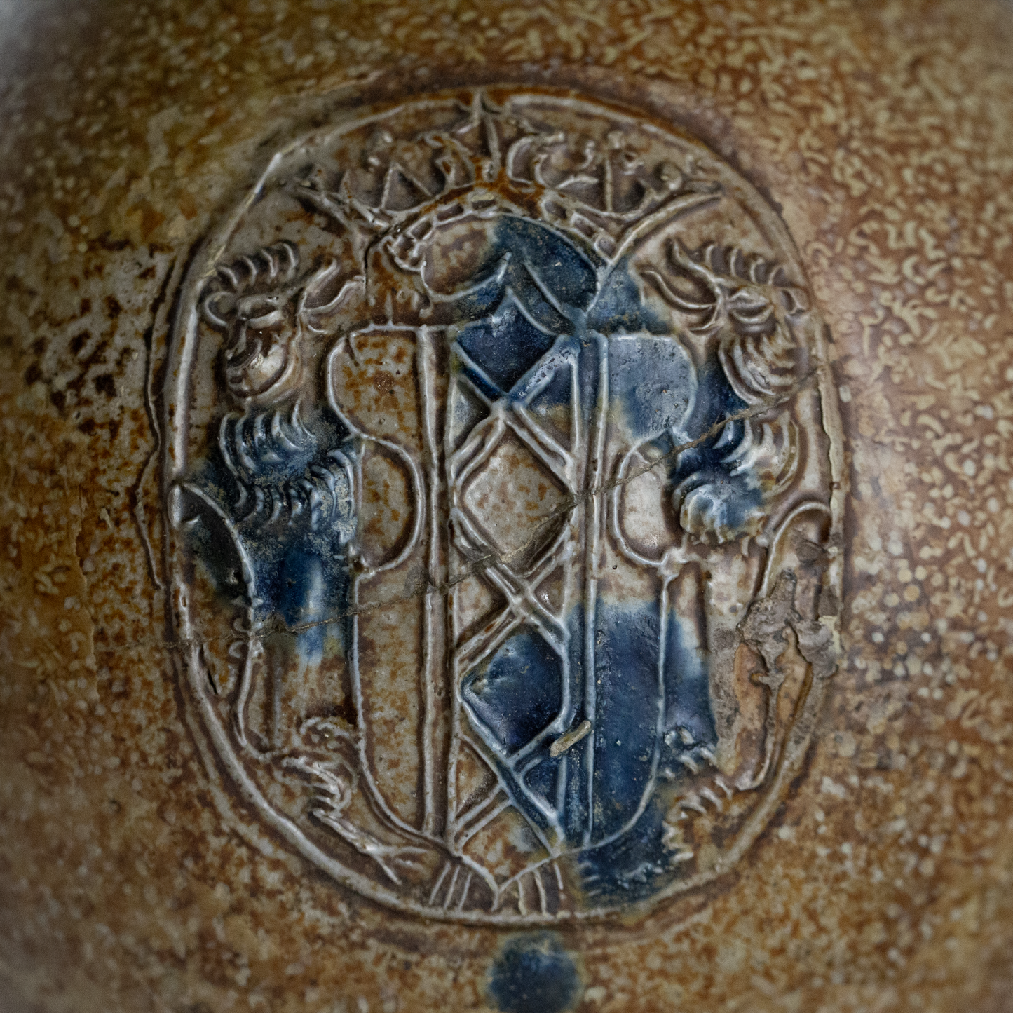 Cobalt Splashed Bellarmine Bottle, 3 Medallion, Amsterdam Coat of Arms 16th / 17th Century