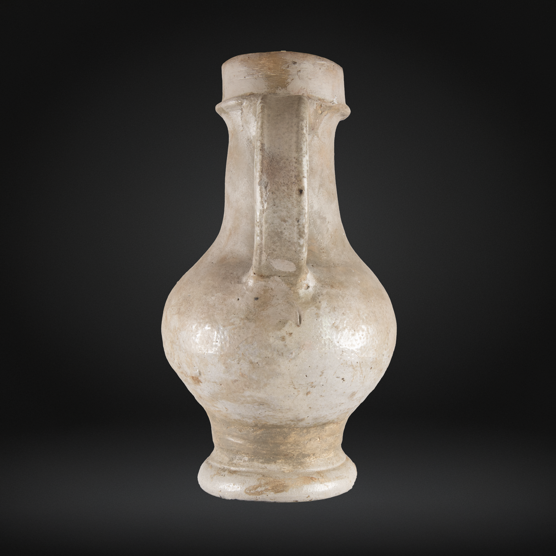 16th Century Raeren Salt Glaze Stoneware Bellarmine Jug in muted beige tones with bulbous body and narrow neck, showcasing antique German stoneware craftsmanship.
