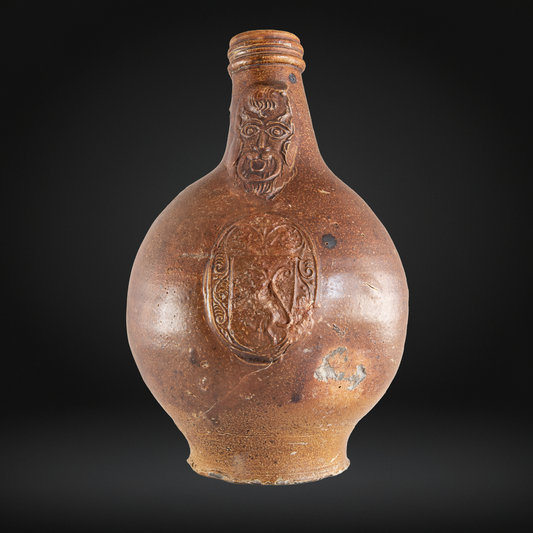 Rare Devil's Mask Bellarmine Bottle, Rampant Lion - 17th Century, Frechen