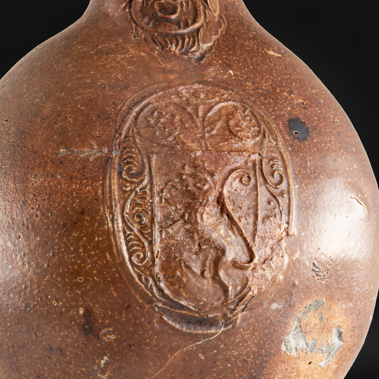 Rare Devil's Mask Bellarmine Bottle, Rampant Lion - 17th Century, Frechen