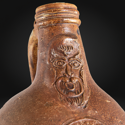 Rare Devil's Mask Bellarmine Bottle, Rampant Lion - 17th Century, Frechen