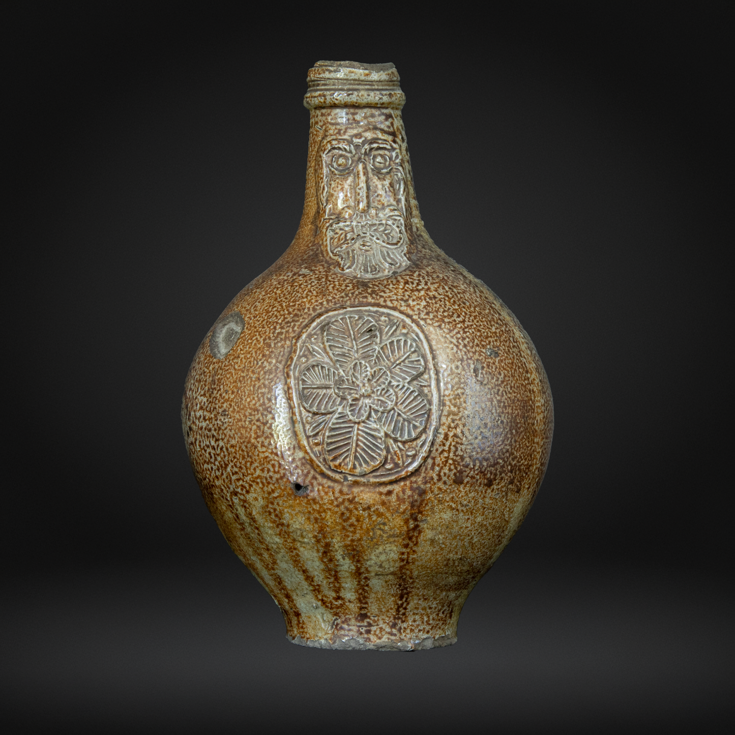 17th Century Bellarmine Bottle - Grimacing Face, Salt Glazed Witch Bottle - Frechen