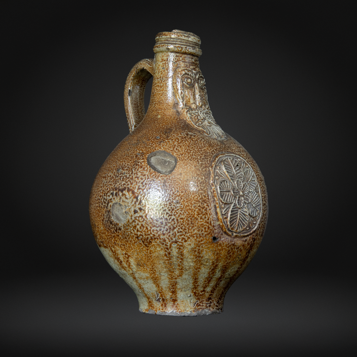 17th Century Bellarmine Bottle - Grimacing Face, Salt Glazed Witch Bottle - Frechen