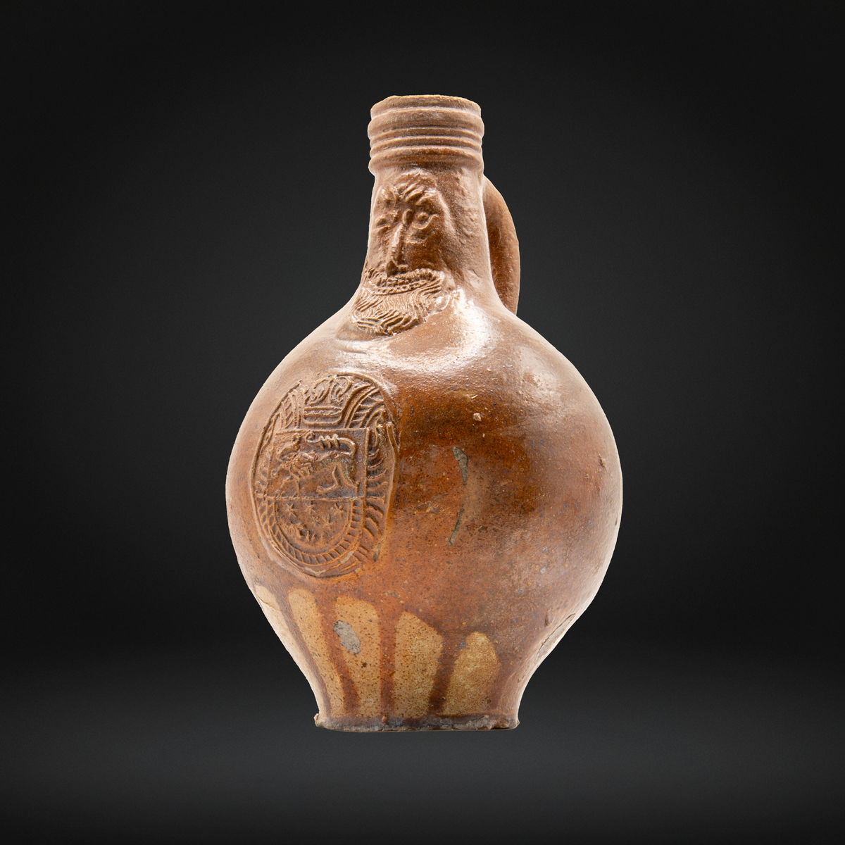 17th Century Bellarmine Bottle, Rare Lion & Moon Medallion