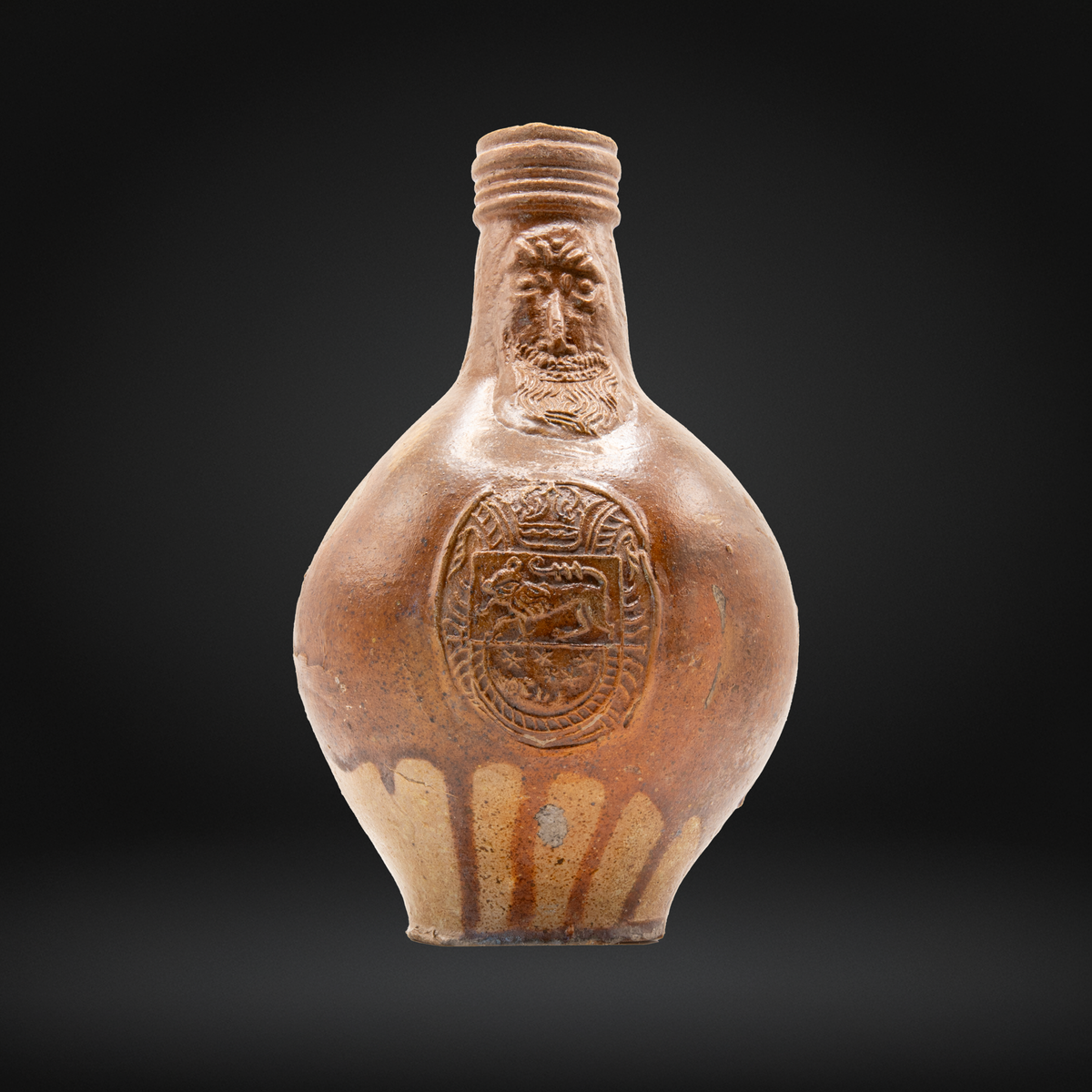 17th Century Bellarmine Bottle, Rare Lion & Moon Medallion