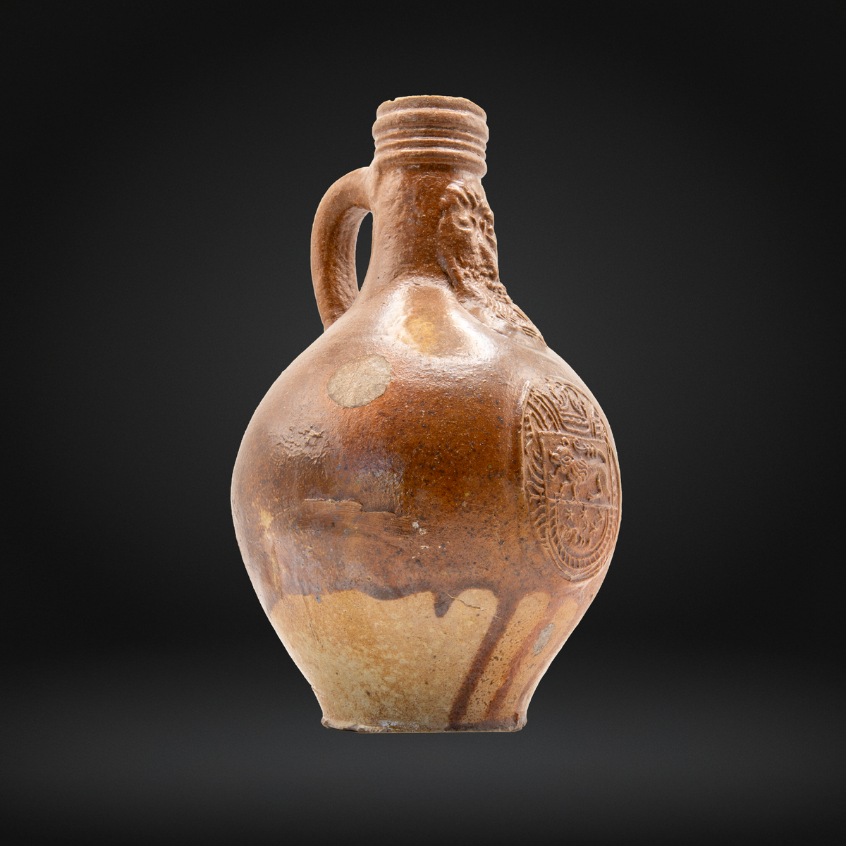 17th Century Bellarmine Bottle, Rare Lion & Moon Medallion