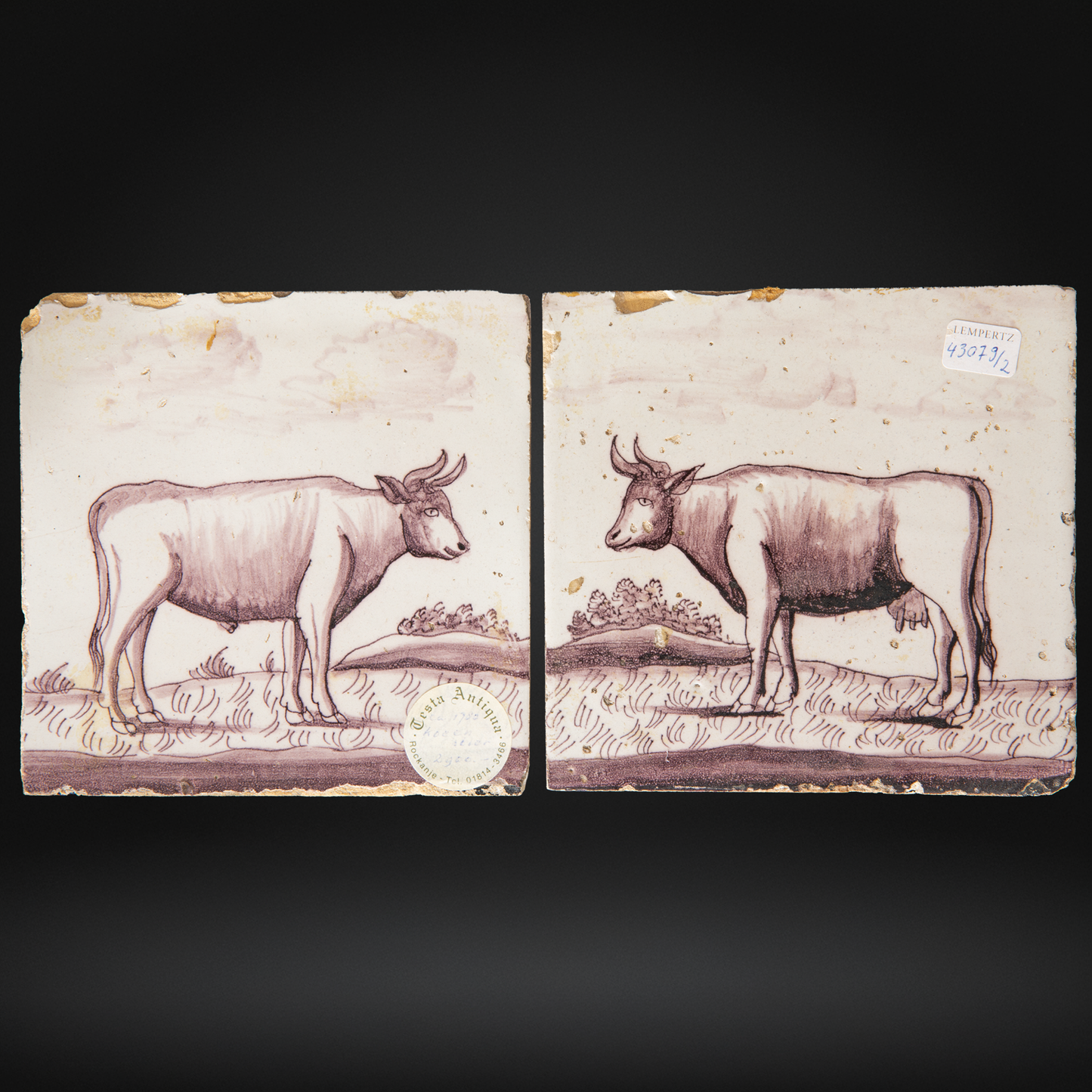 18th Century Opposing Pair of Delft Manganese Tiles, Bull & Cow c1785