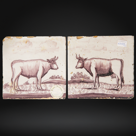 18th Century Opposing Pair of Delft Manganese Tiles, Bull & Cow c1785