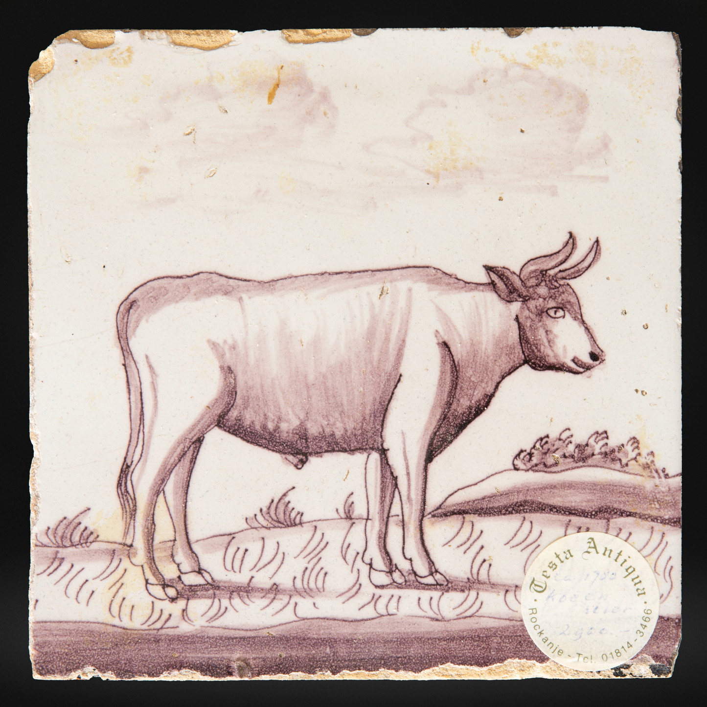 18th Century Opposing Pair of Delft Manganese Tiles, Bull & Cow c1785