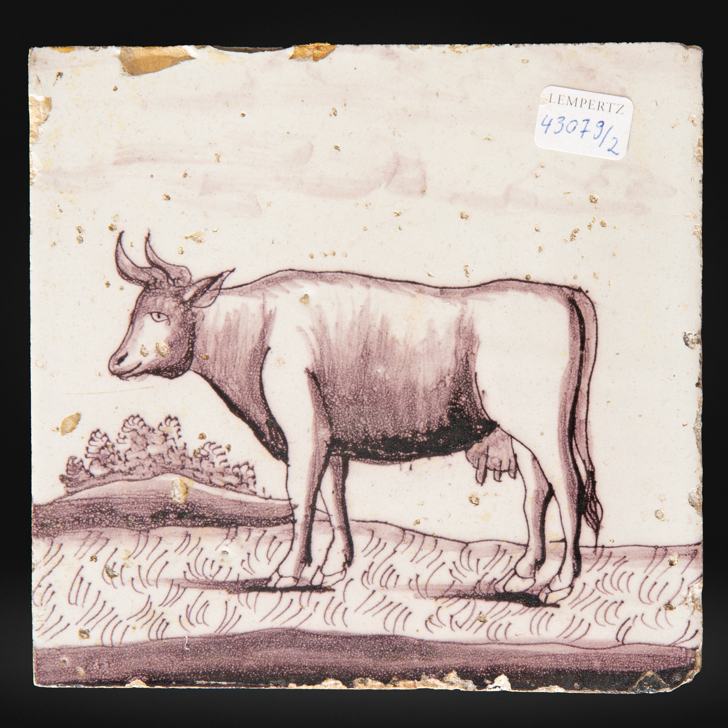 18th Century Opposing Pair of Delft Manganese Tiles, Bull & Cow c1785