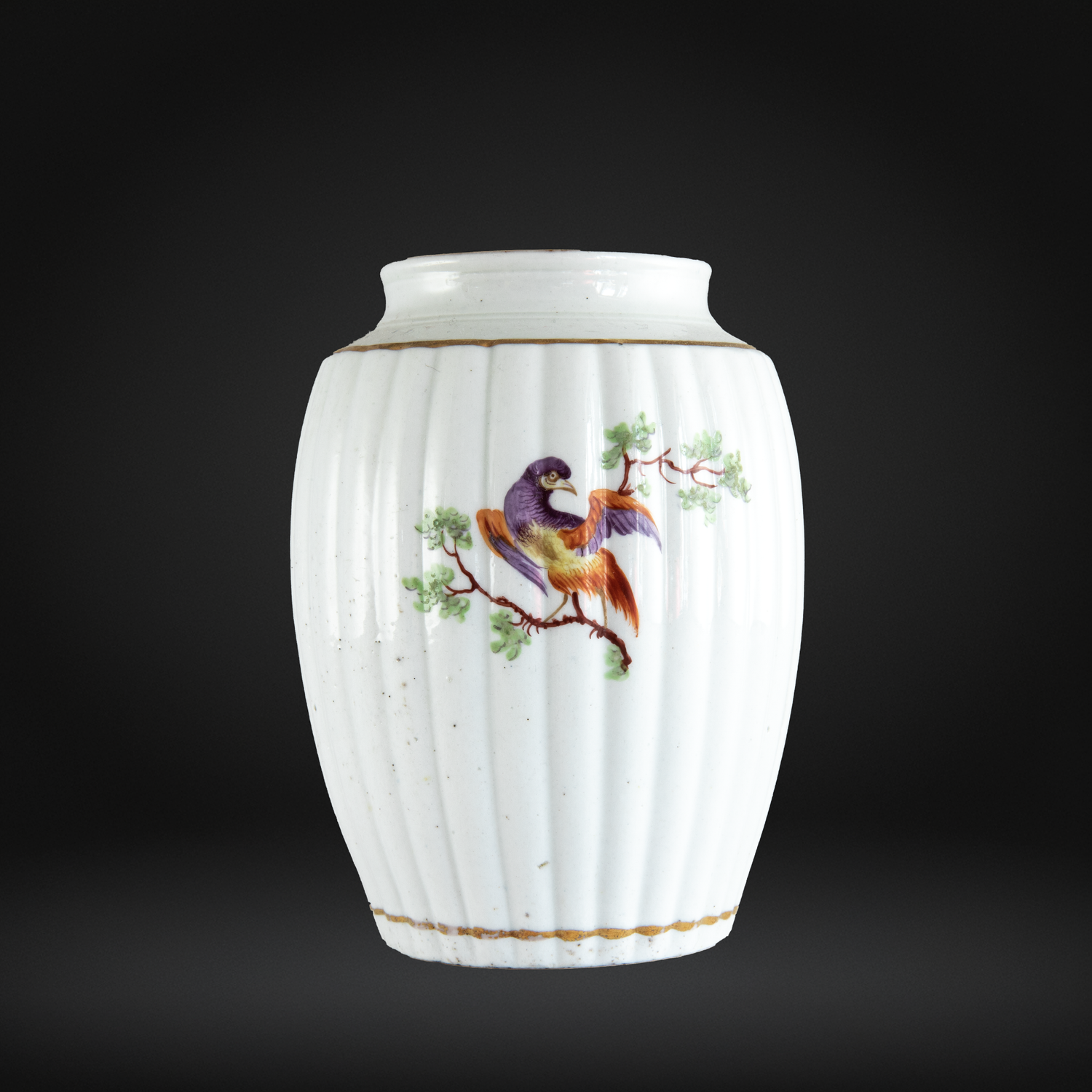 18th Century Keeling Porcelain Tea Cannister, Fancy Bird c1785, antique white porcelain with ribbed texture and hand-painted colorful bird on branch design.