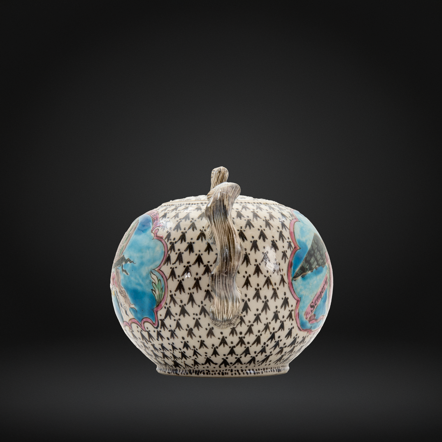 The handle of an ornate ceramic teapot with a rounded body, featuring a black and white houndstooth pattern, blue and pink landscape panels on the sides, and a textured handle, set against a dark gradient background.