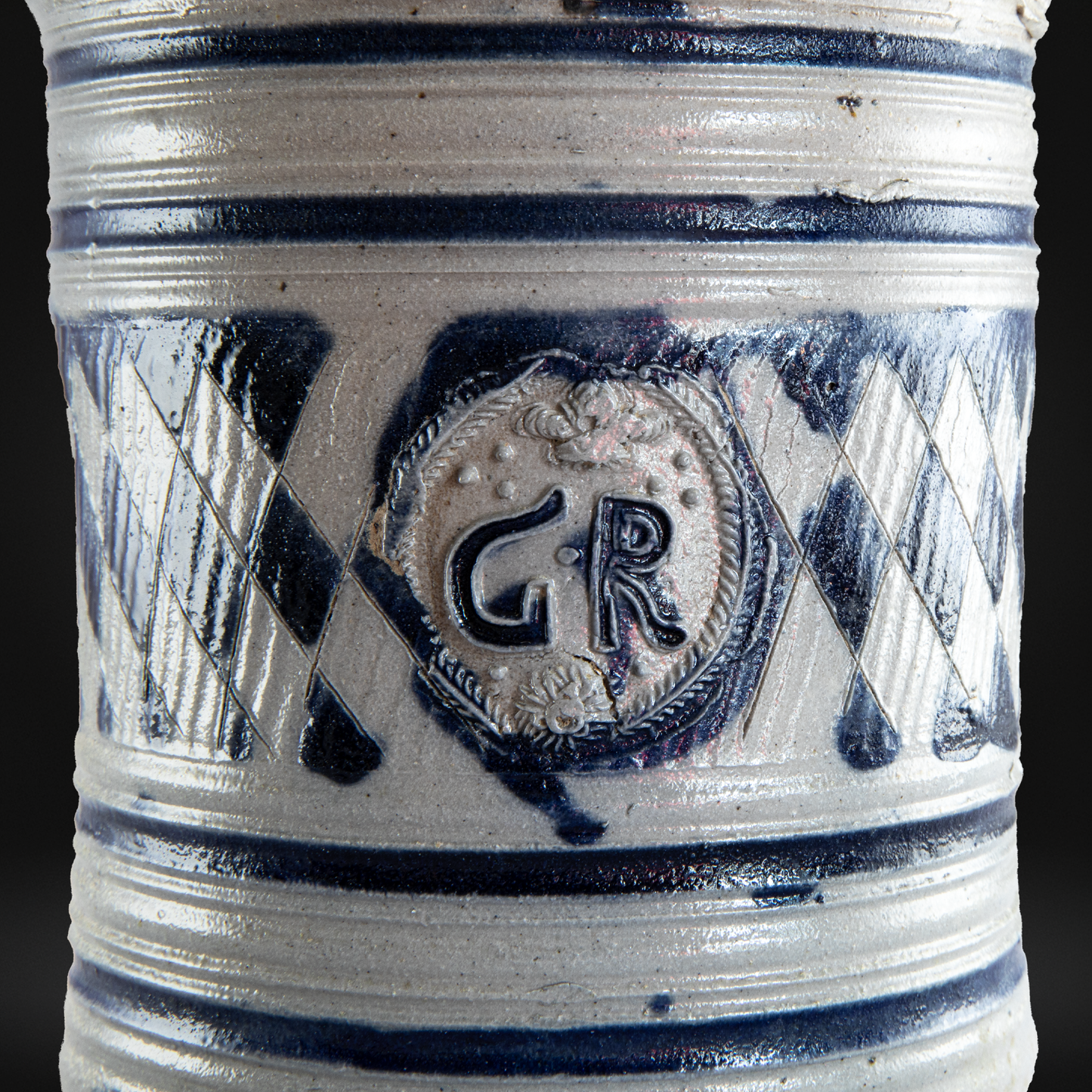 Westerwald Stoneware GR Tankard, Cobalt Painted Grey Salt Glaze c1800