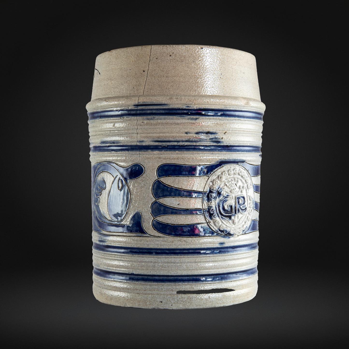 Westerwald Stoneware GR Tankard, Cobalt Painted Grey Salt Glaze 1780-1800