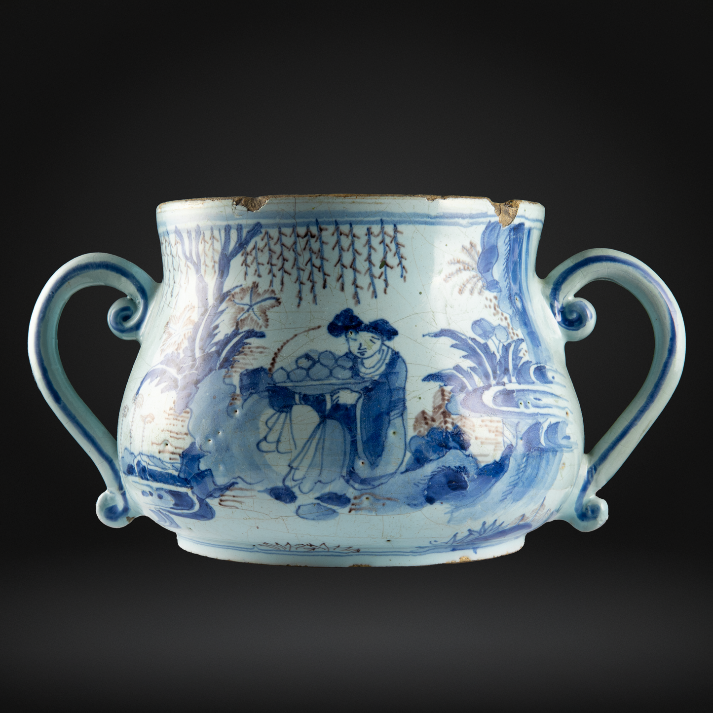 English Delftware Blue & Manganese Posset Pot or Loving Cup c1680-1700