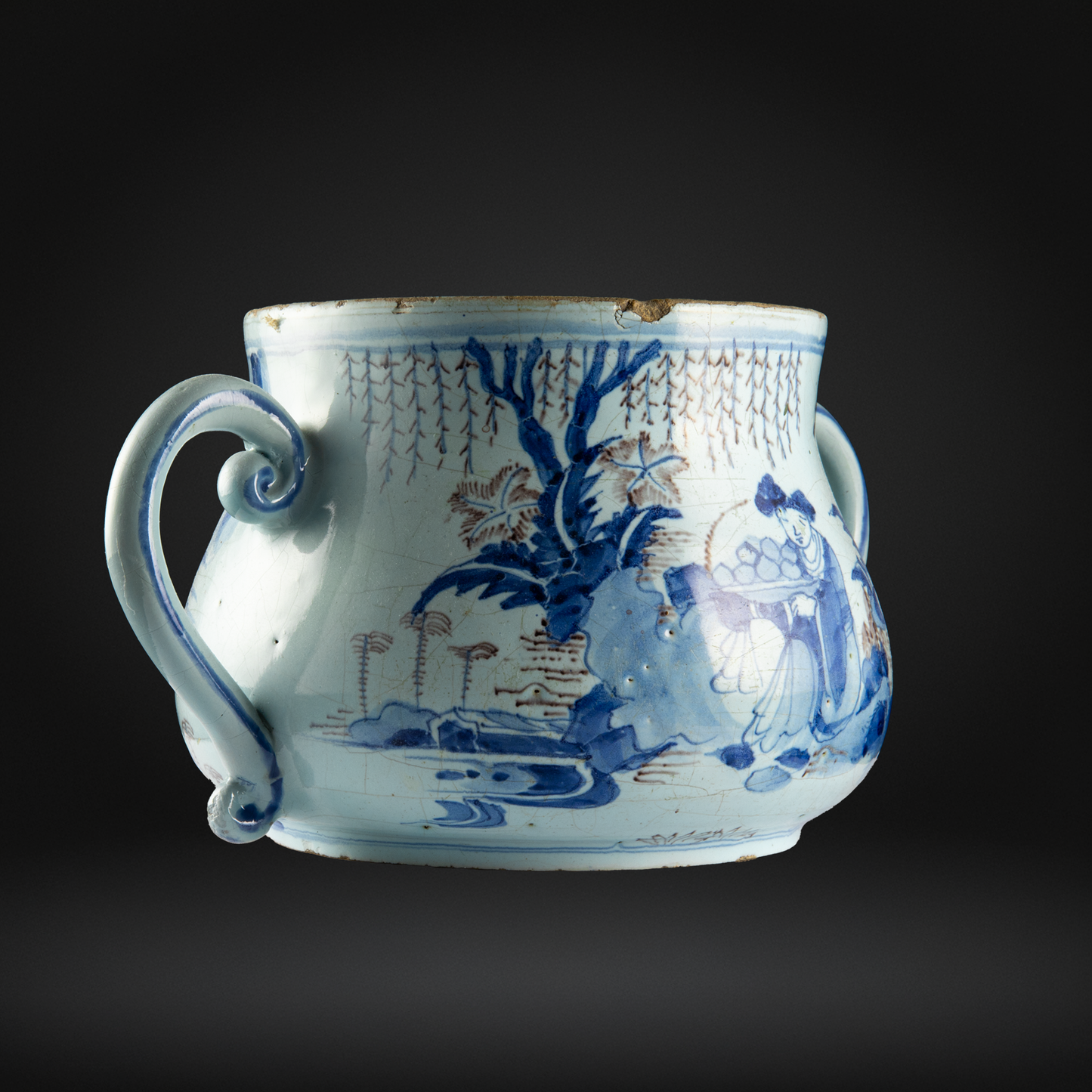 English Delftware Blue & Manganese Posset Pot or Loving Cup c1680-1700