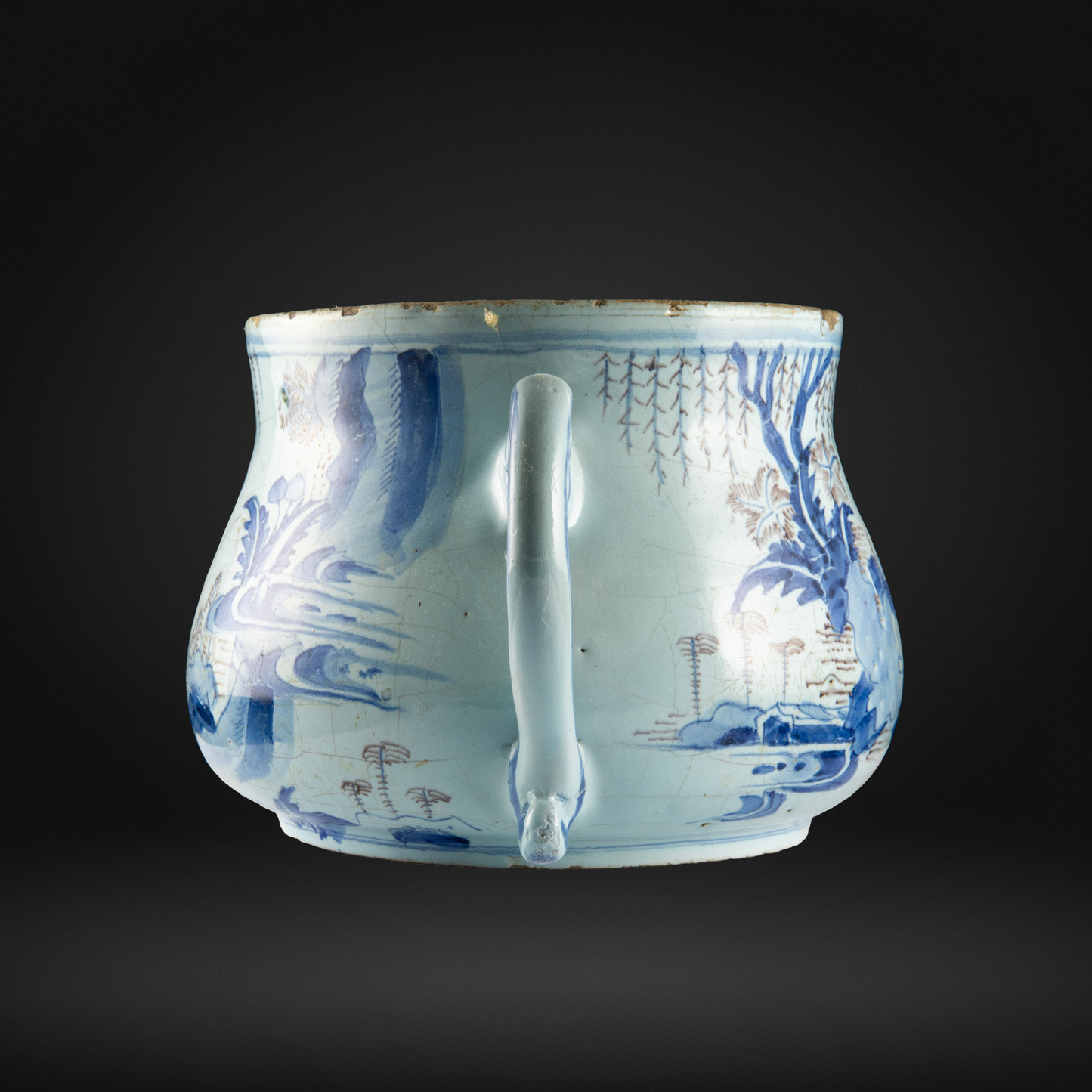 English Delftware Blue & Manganese Posset Pot or Loving Cup c1680-1700