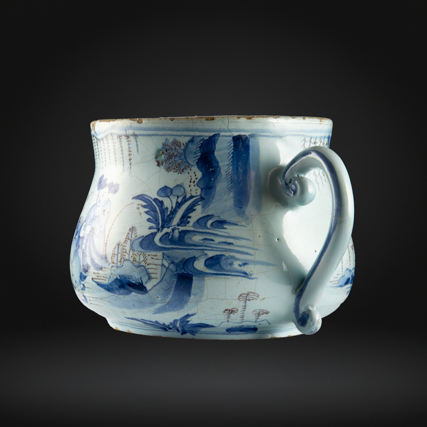 English Delftware Blue & Manganese Posset Pot or Loving Cup c1680-1700