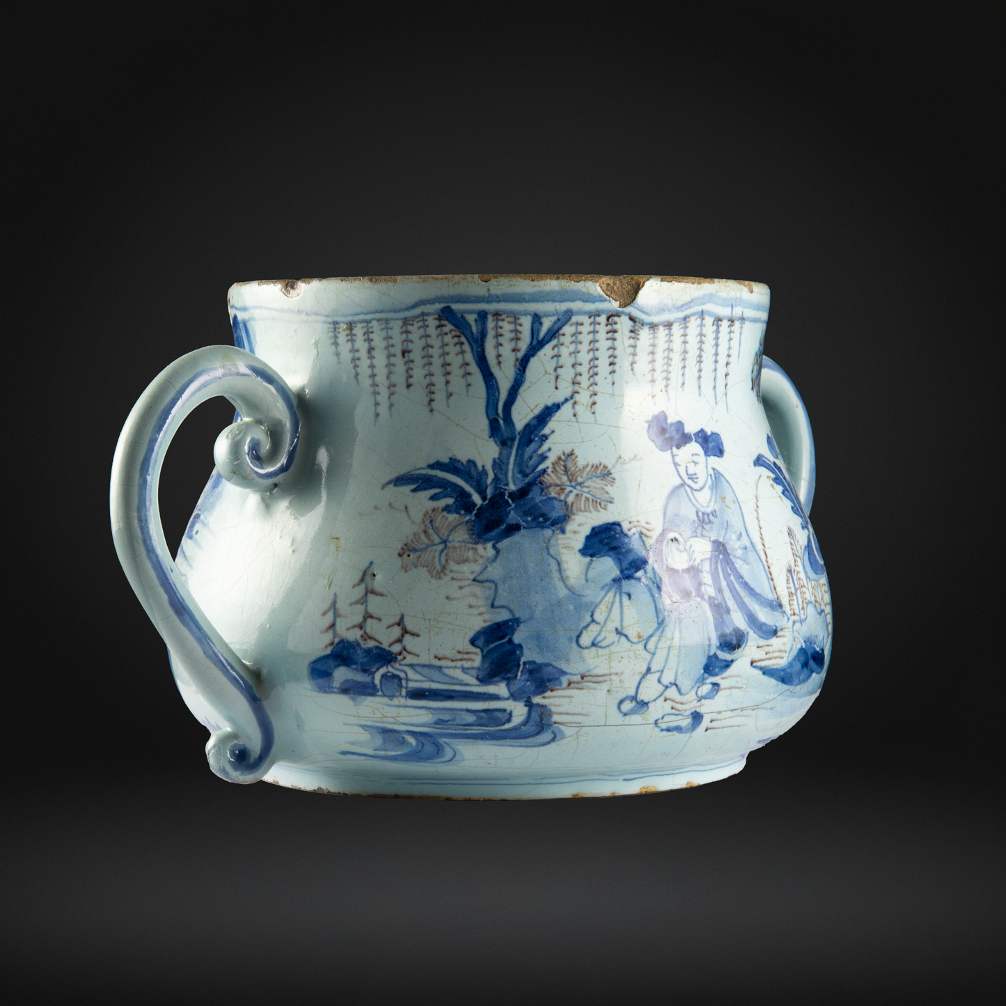 English Delftware Blue & Manganese Posset Pot or Loving Cup c1680-1700