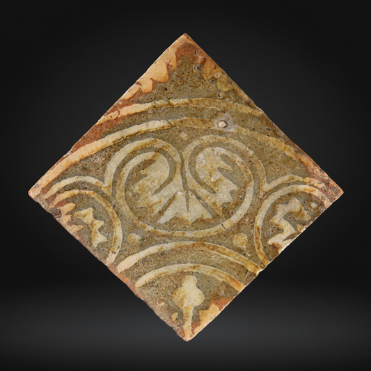 Medieval Encaustic Quatrefoil Floor Tile - 14th Century, Northern France with intricate symmetrical patterns in muted earth tones, showcasing historical medieval encaustic tile craftsmanship.