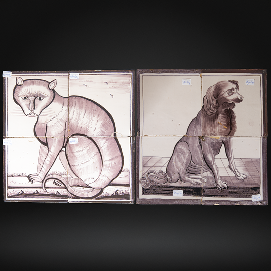 Pair of Antique Dutch Delft Manganese Cat & Dog Tile Mural Panels