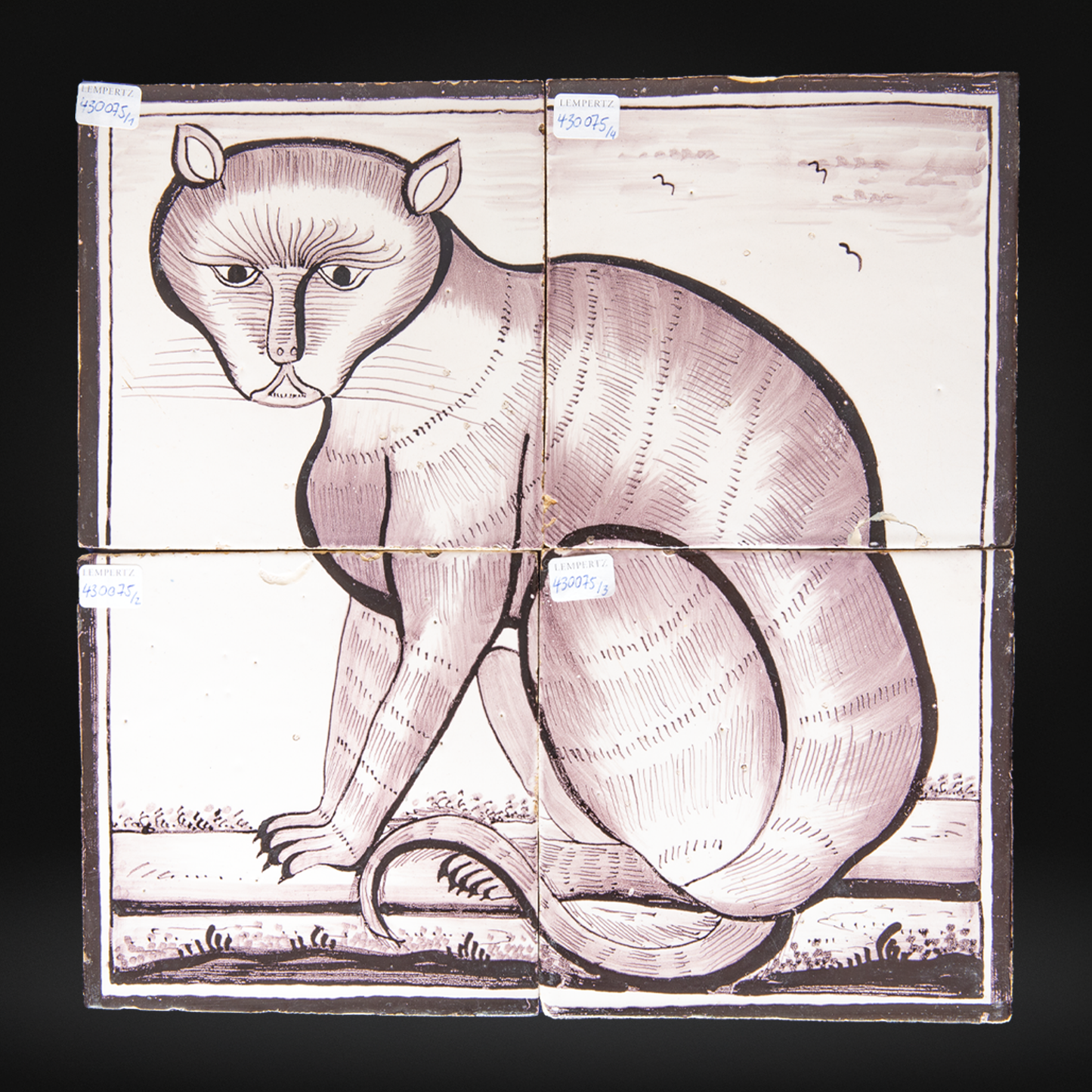 Pair of Antique Dutch Delft Manganese Cat & Dog Tile Mural Panels