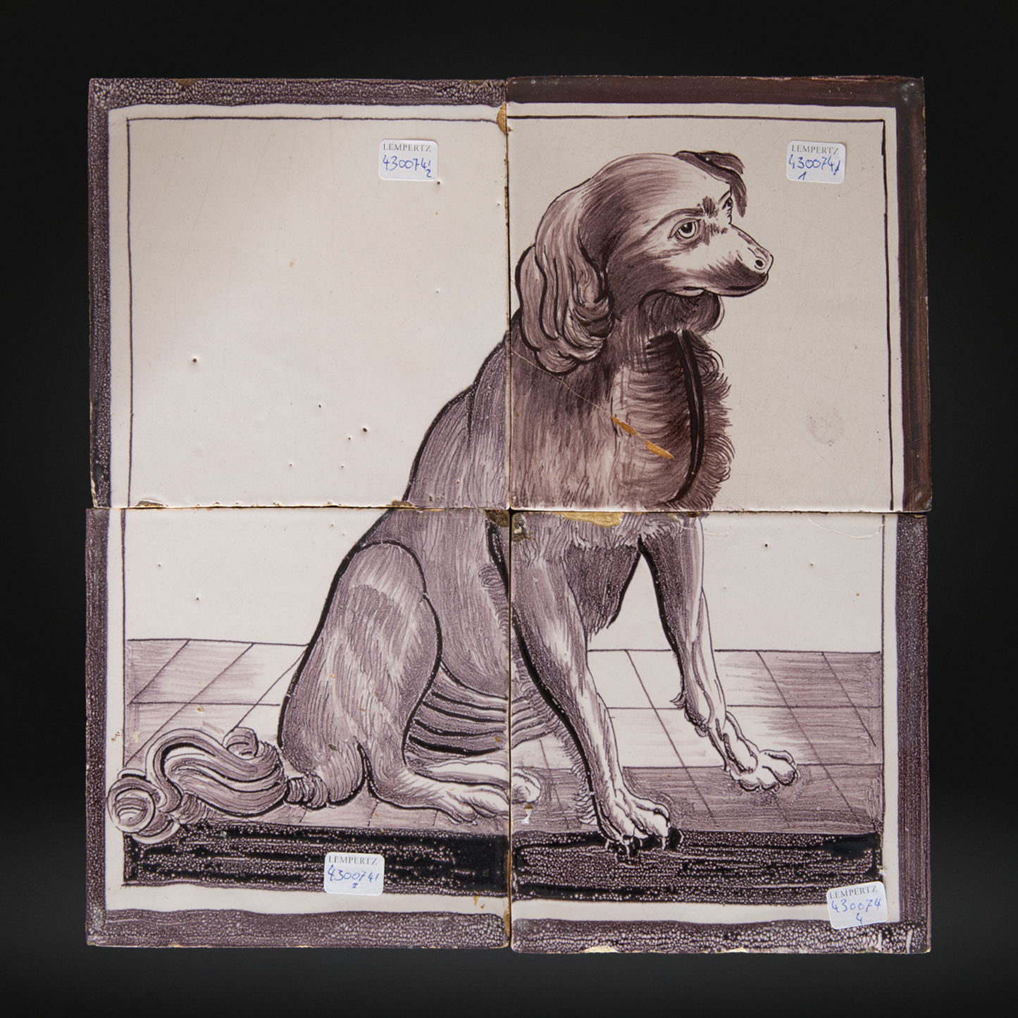 Pair of Antique Dutch Delft Manganese Cat & Dog Tile Mural Panels