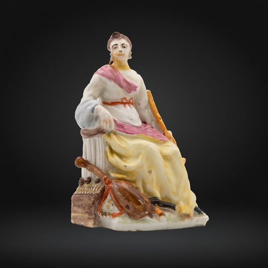 Early Bow porcelain figure by the Muses Modeller featuring the muse Euterpe