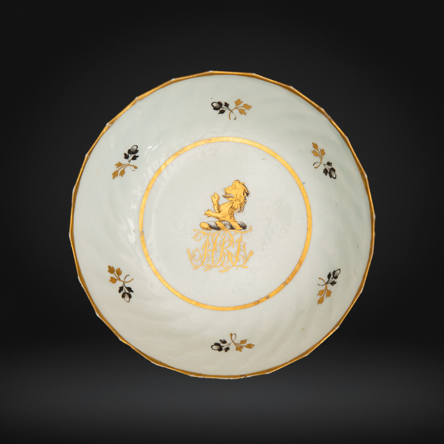Lowestoft Porcelain Armorial Saucer, Initials & Demi Lion - Gold & Black c1795