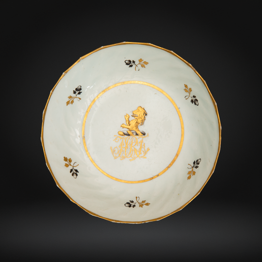 Lowestoft Porcelain Armorial Saucer, Initials & Demi Lion - Gold & Black c1795