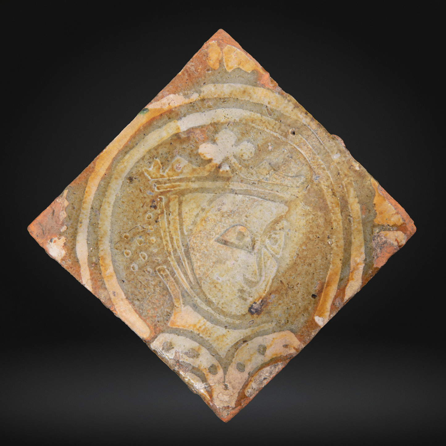 Medieval Heraldic Encaustic Floor Tile, Royal Portrait of a Crowned Queen - 14th Century